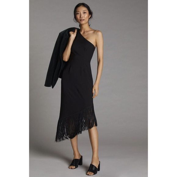 New Anthropologie HutchNWT Fringed Fringe One-Shoulder Midi Dress Black Size S - Picture 2 of 7